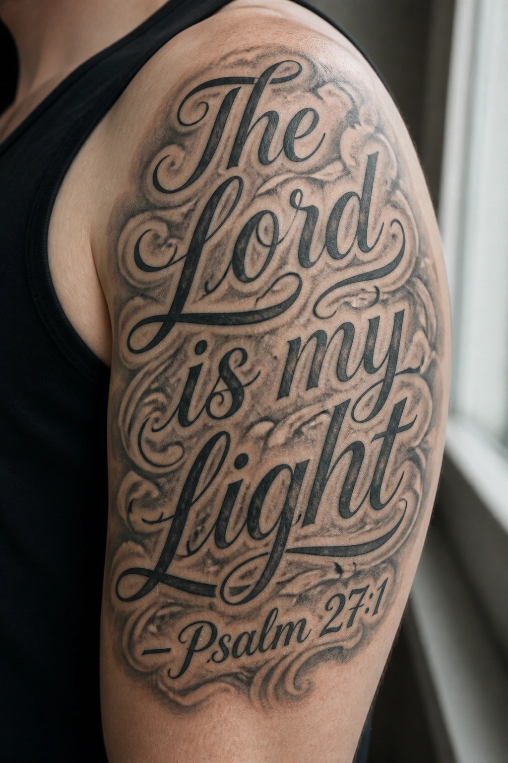 Black tank top revealing ornate shoulder tattoo quoting