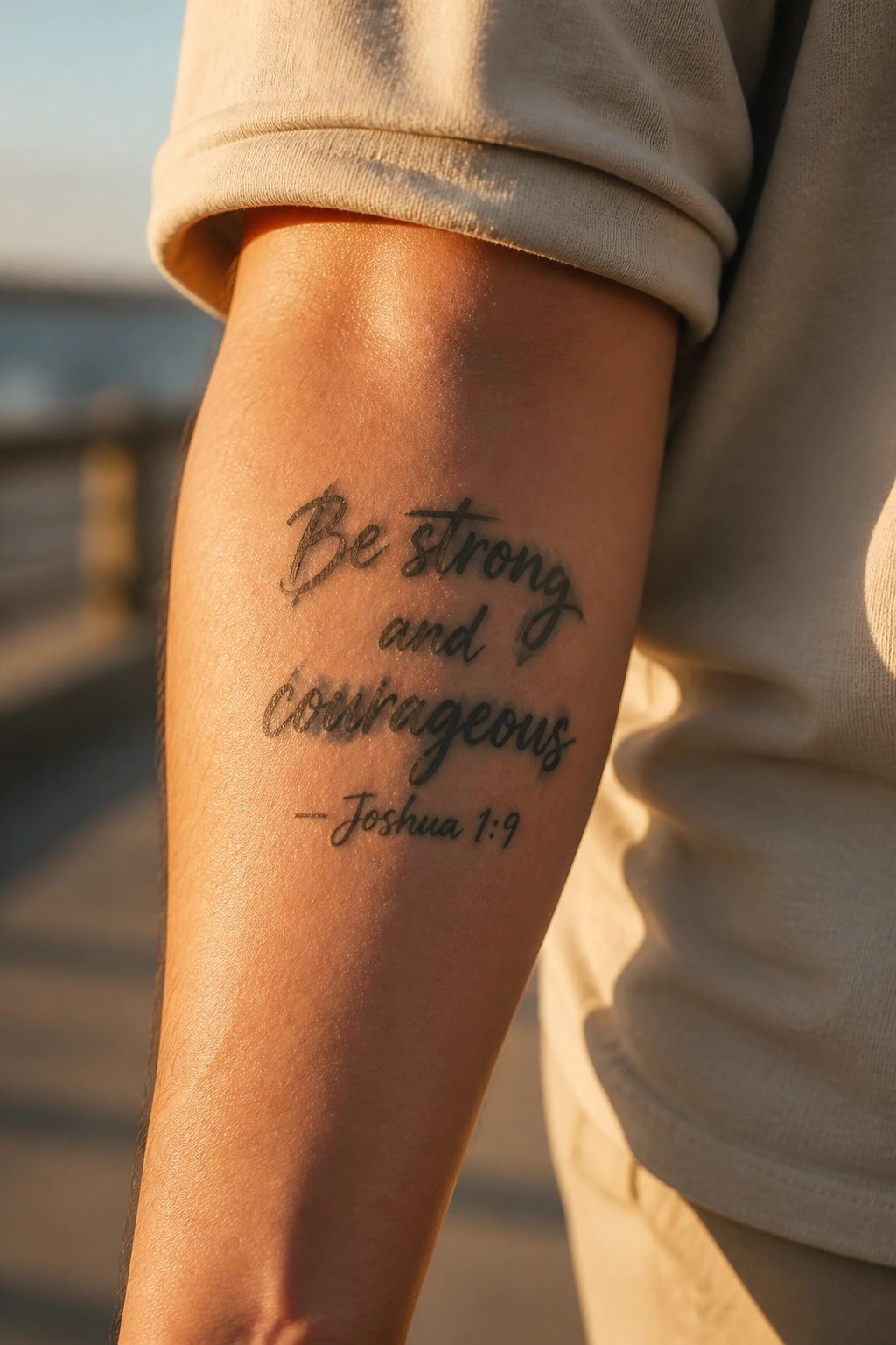 Inner forearm tattoo showing the bible verse be strong and courageous from Joshua 1:9 in flowing script lettering