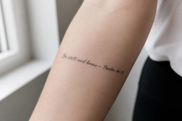 18 Creative Arm Bible Verse Tattoos for Meaningful Daily Inspiration Arm with gray sleeve showing black cursive tattoo "Be still and know — Psalm 46:10