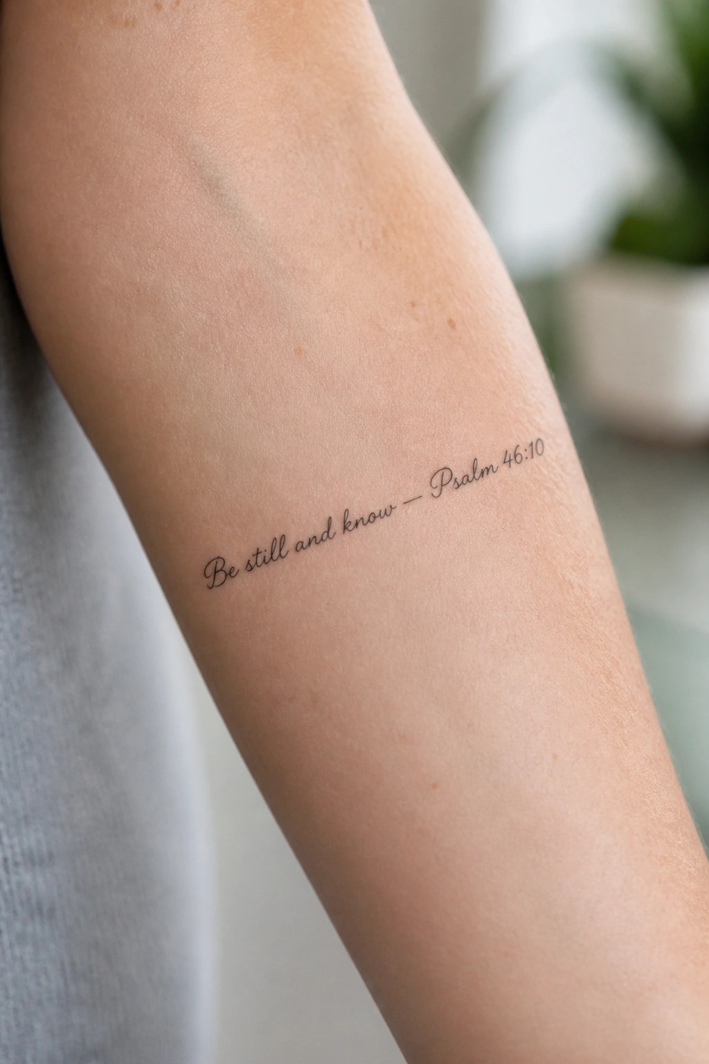 Arm with gray sleeve showing black cursive tattoo