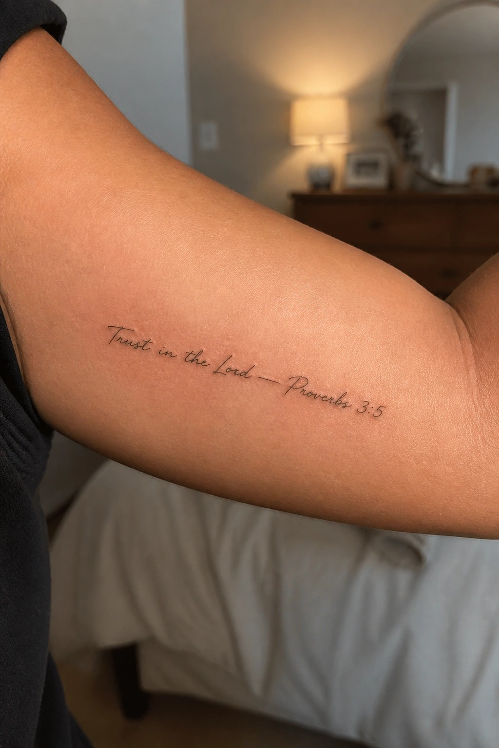 Cursive script tattoo of Trust in the Lord Proverbs 3:5 on the inner forearm