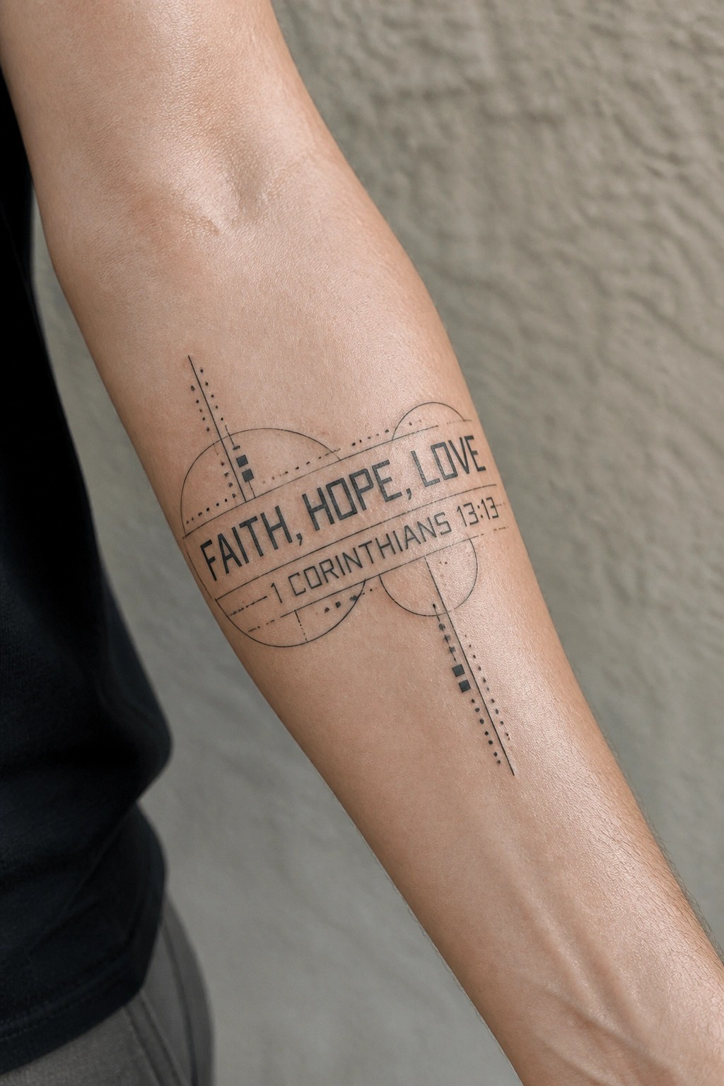 Geometric black-ink tattoo on forearm reading