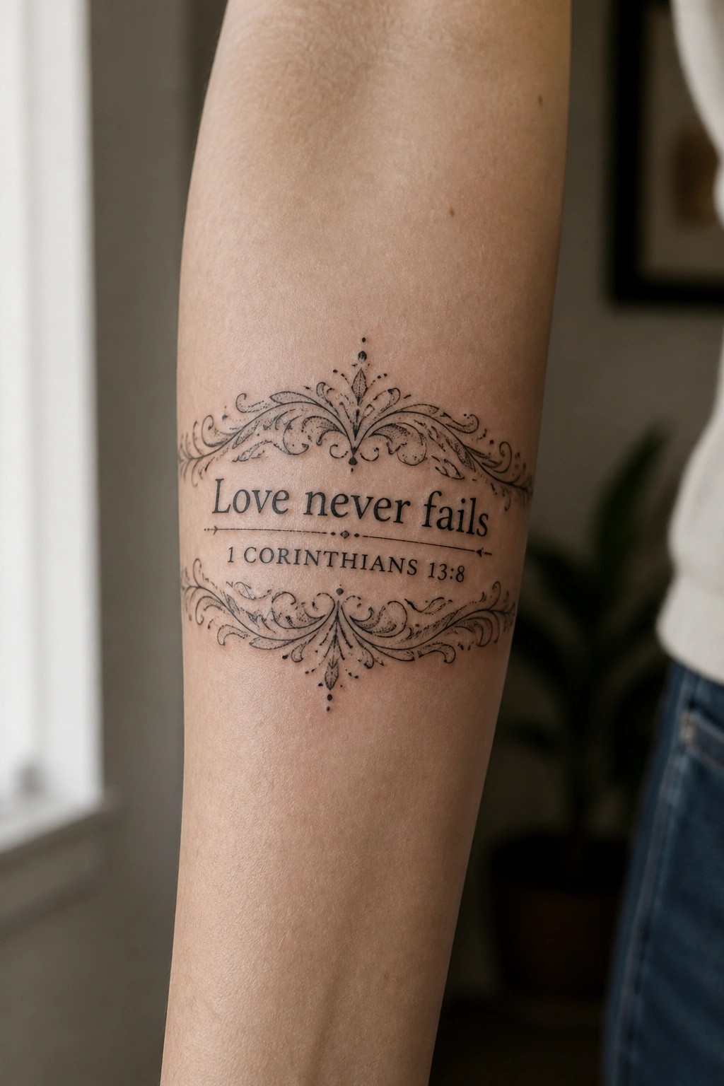 Inner forearm tattoo with the words love never fails above 1 Corinthians 13:8, framed by symmetrical ornate flourishes.