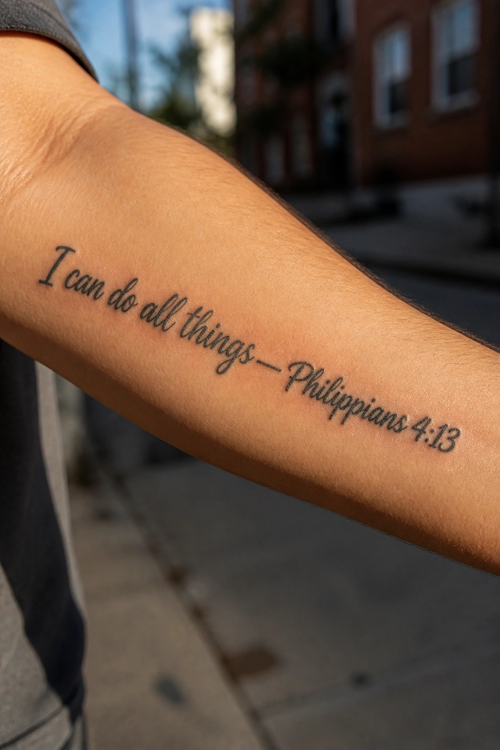 Arm in gray shirt shows cursive tattoo