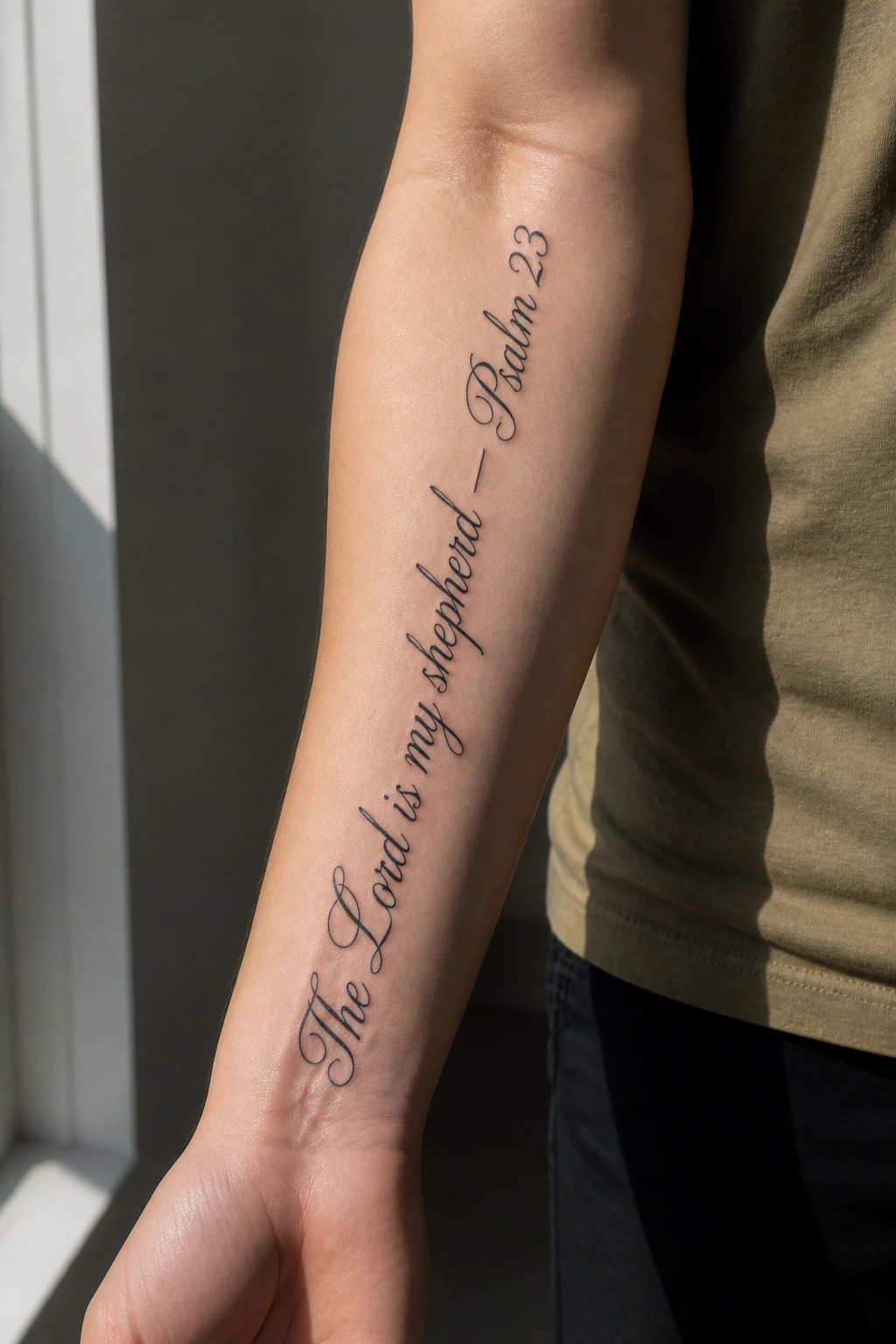 Black cursive tattoo of the verse The Lord is my shepherd Psalm 23 placed diagonally on the inner forearm.