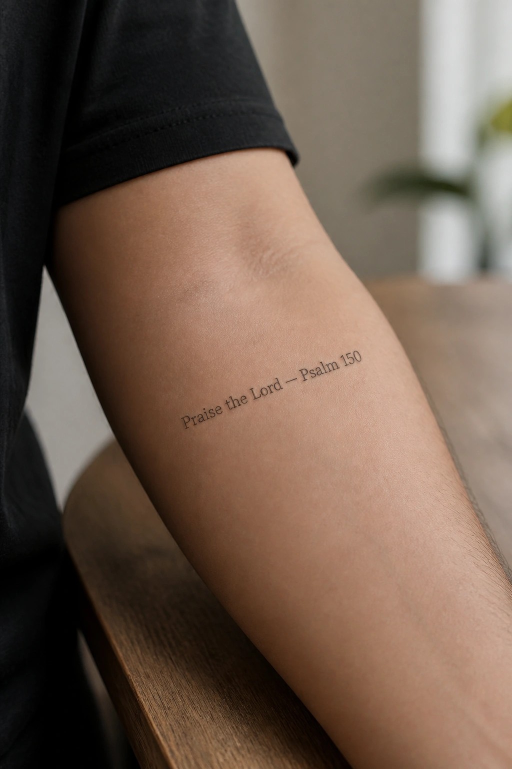 Close-up of a minimalist black script tattoo on the inner forearm reading