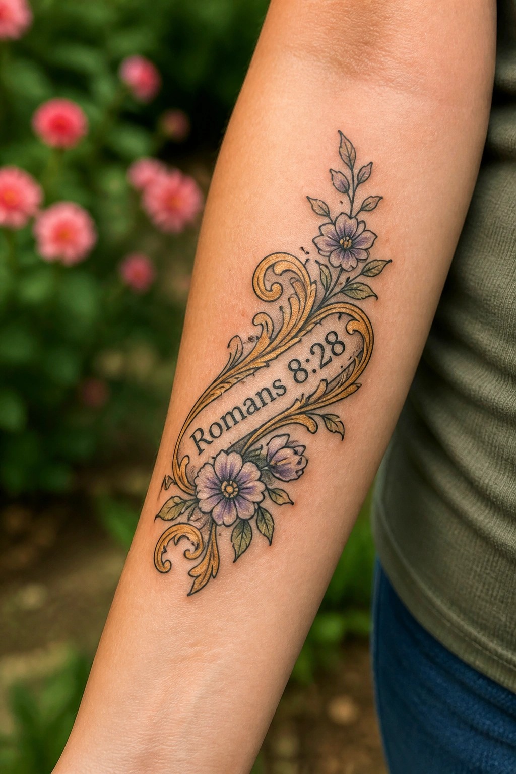 Floral tattoo of Romans 8:28 in gold script with purple blooms on forearm