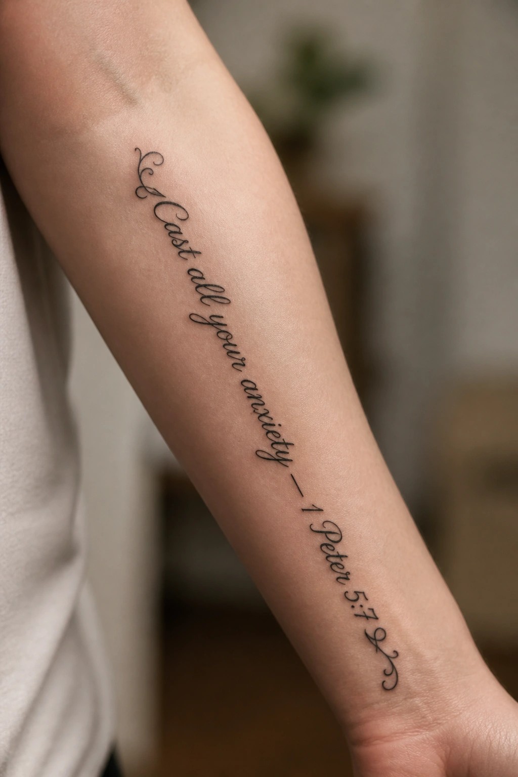 Inner forearm tattoo with the bible verse