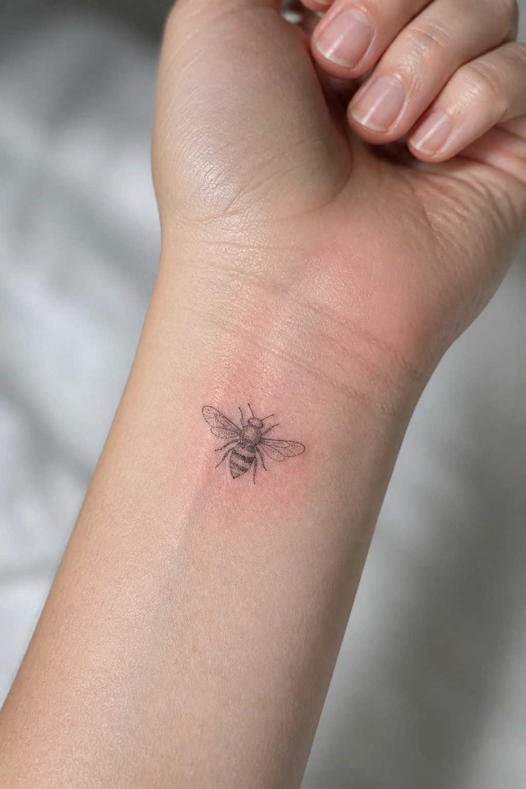 Fine line bee tattoo on the inner wrist of a hand.