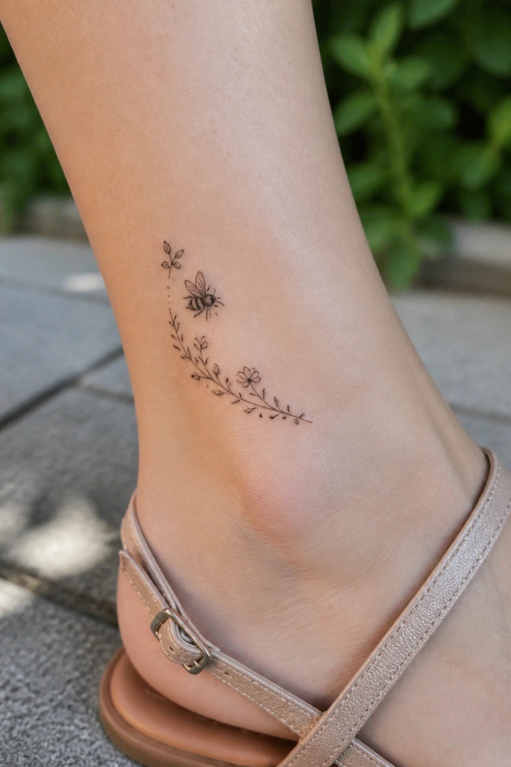 Delicate bee and floral vine tattoo on ankle above beige strappy sandal