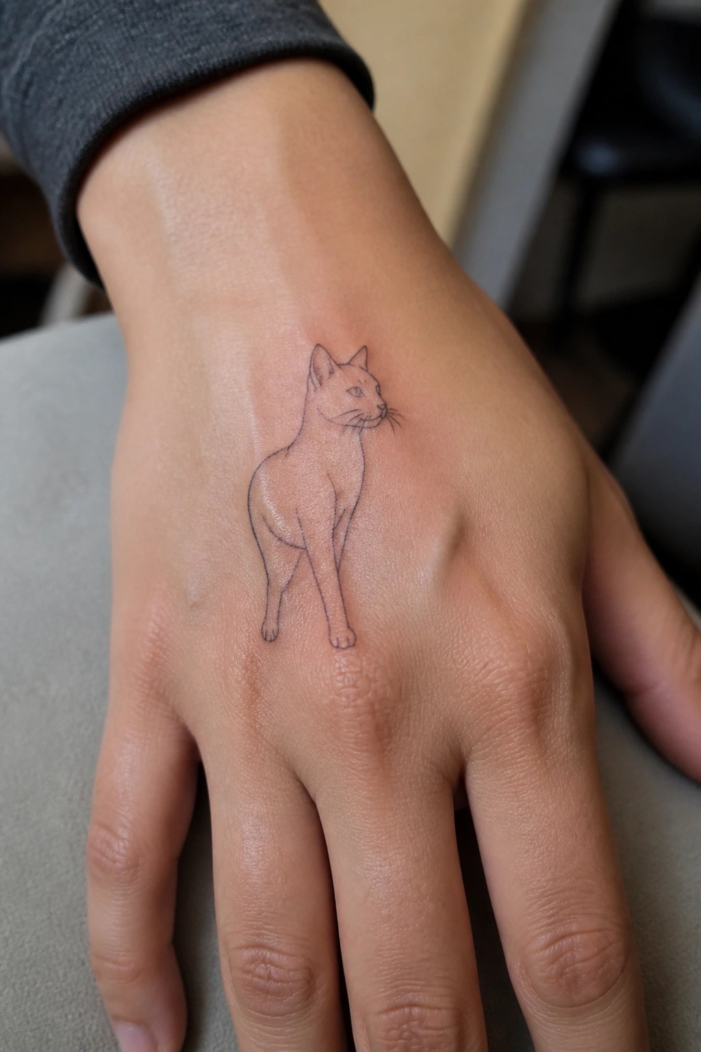 Fine line cat tattoo on the back of a hand in minimalist style