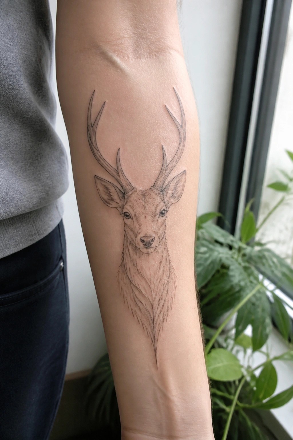 Fine-line deer head tattoo on forearm of person in gray shirt with plants nearby.