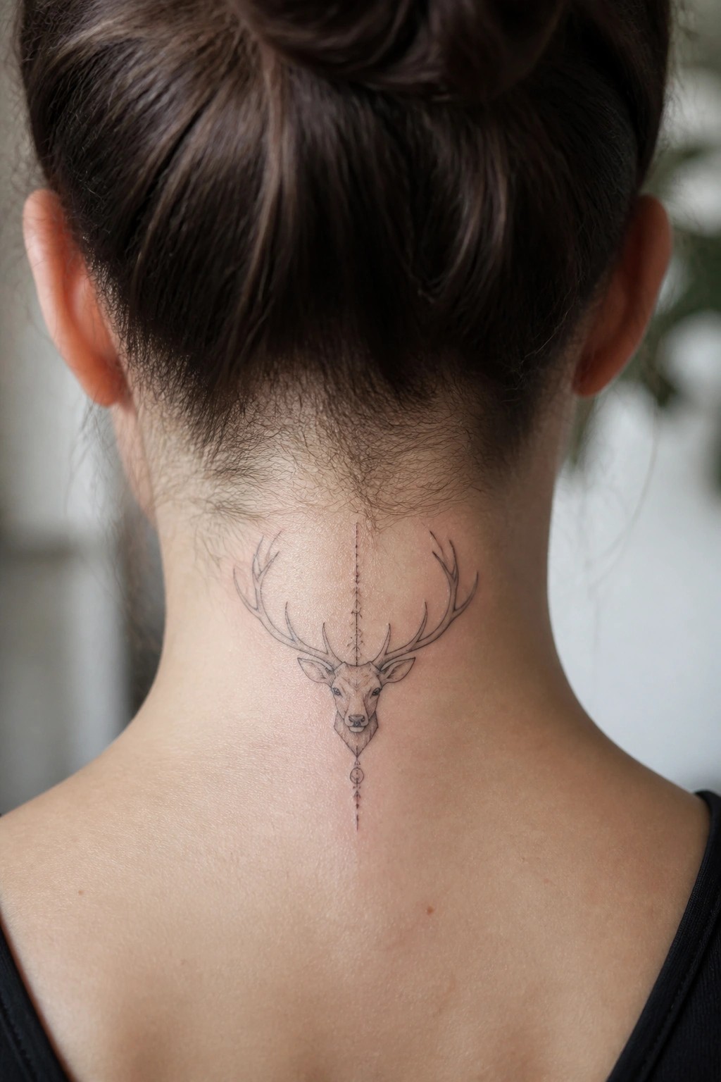 Deer head with antlers tattoo on nape below dark hair bun