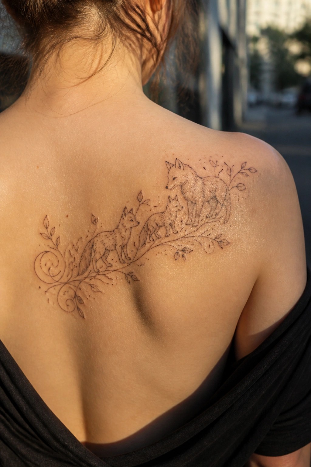 Woman's back with black top and tattoo of three foxes on leafy branch