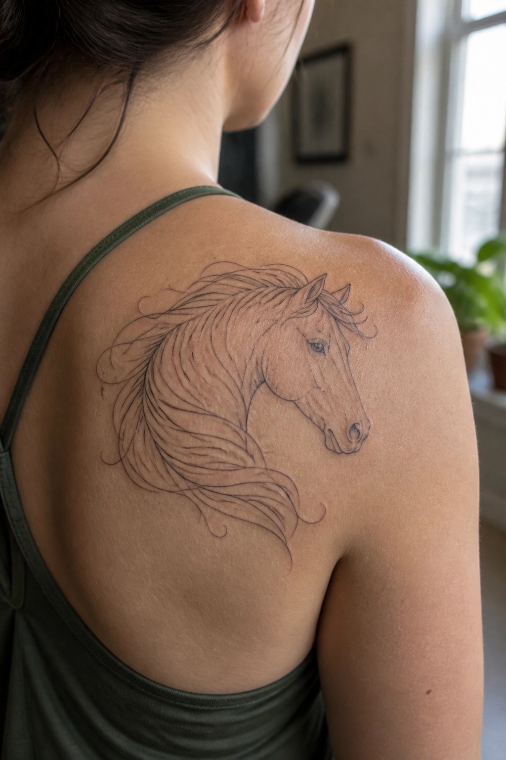 Woman's shoulder with fine-line horse tattoo above green tank top