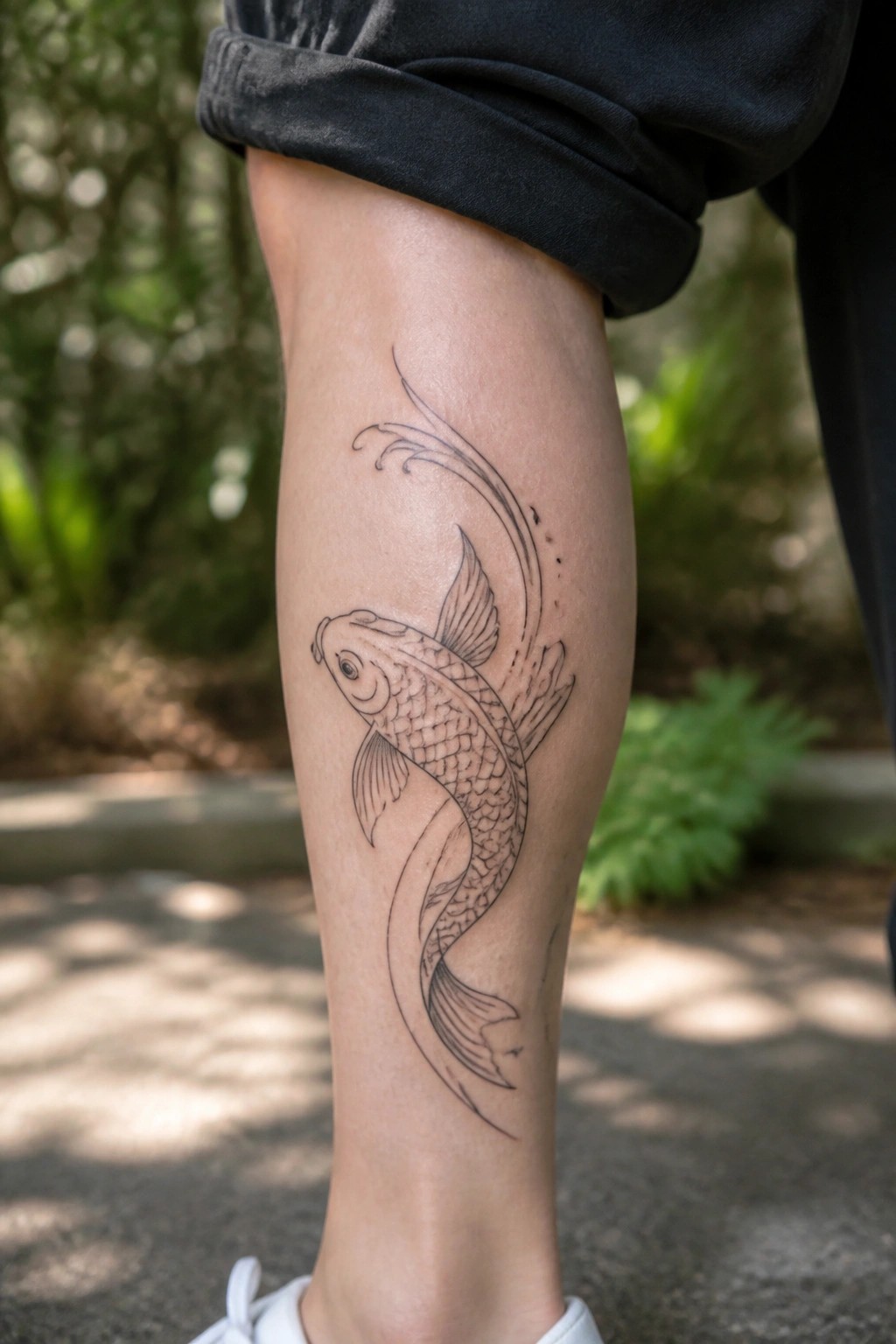 Black ink koi fish tattoo on calf below rolled black pants and white shoe.