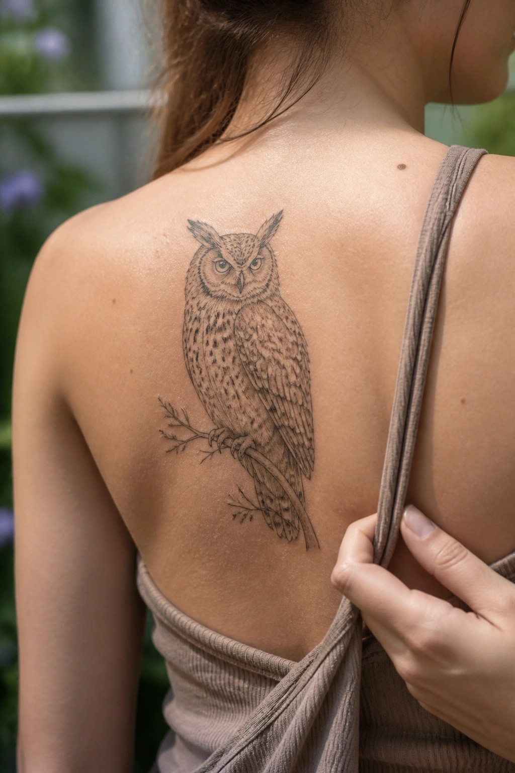 Woman's back with realistic owl tattoo on shoulder, beige tank top pulled down.