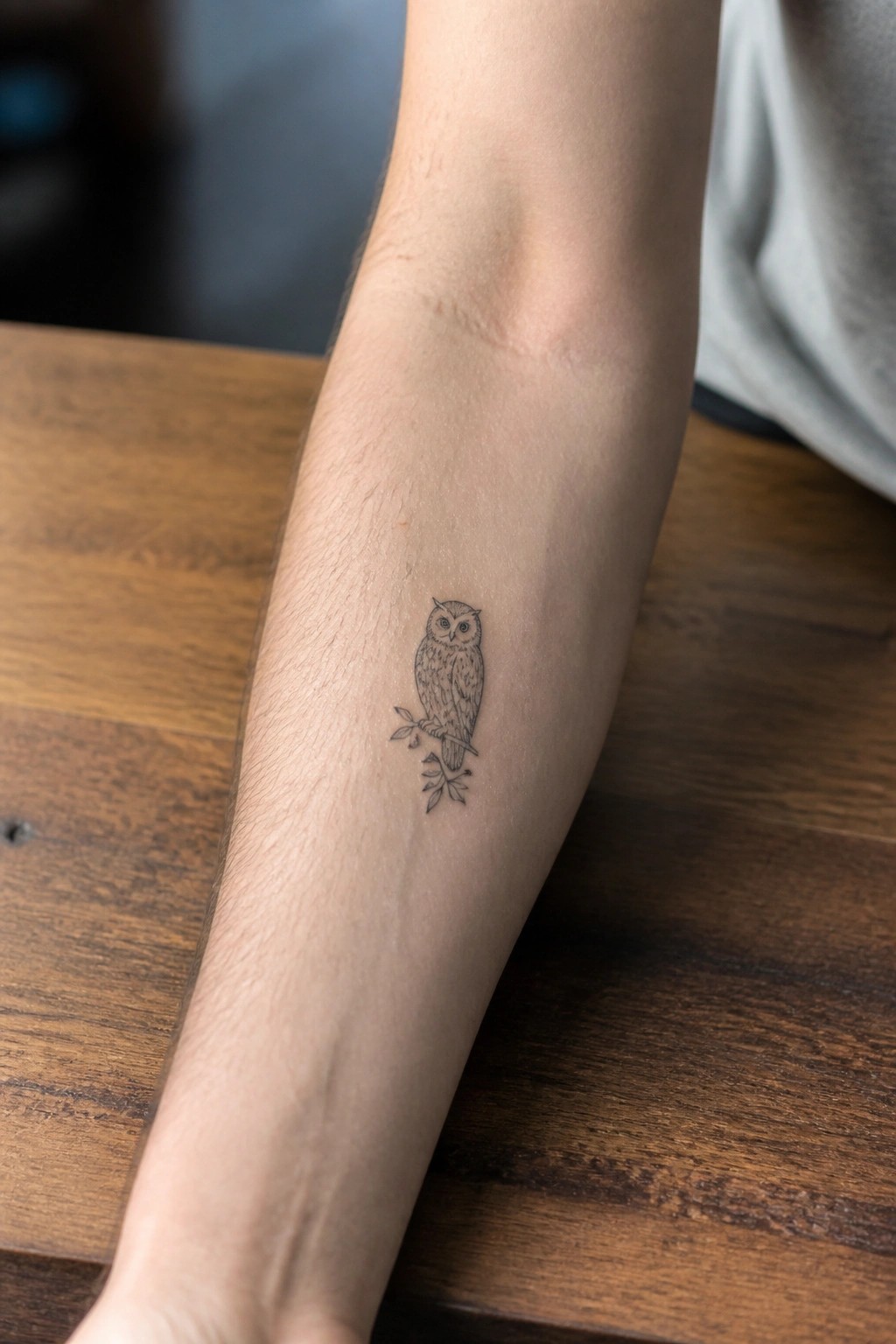 Small owl tattoo on forearm resting on wooden table, gray shirt visible.