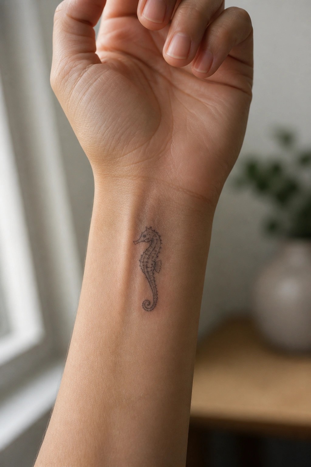 Hand with delicate black seahorse tattoo on inner wrist, fingers curled.