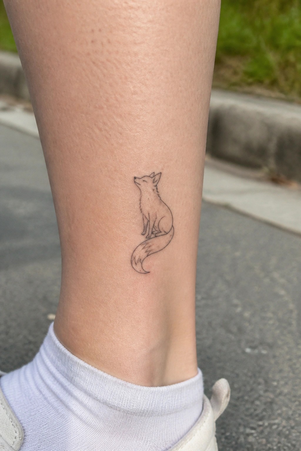 Fine line tattoo of a small sitting fox on the ankle