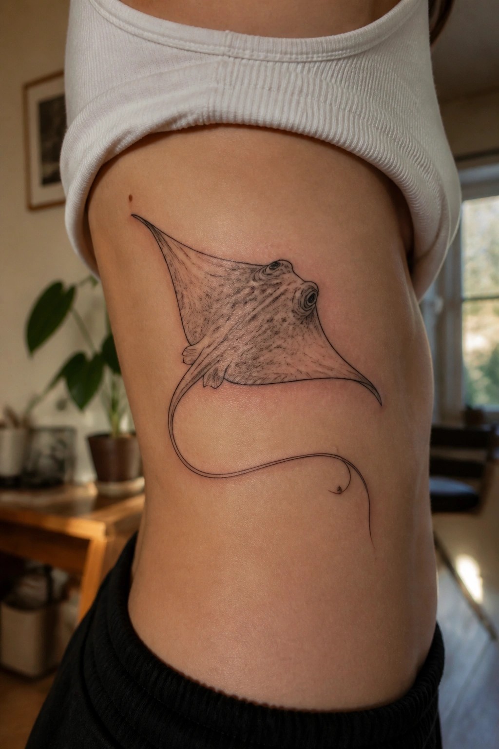 Stingray tattoo on torso under lifted white ribbed tank top and black pants.