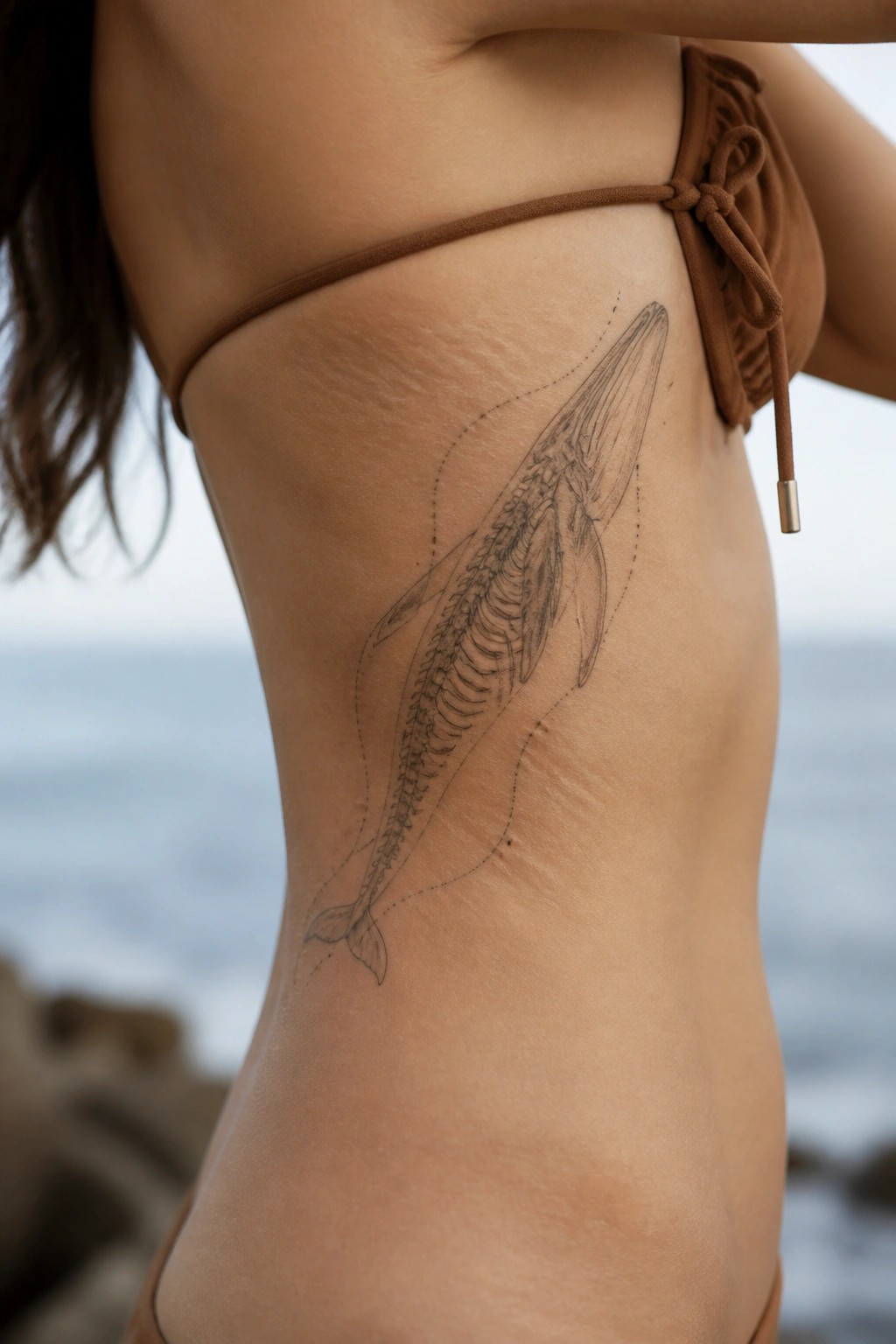 Fine line whale tattoo on the side of the torso below a brown bikini top, set against an ocean background.