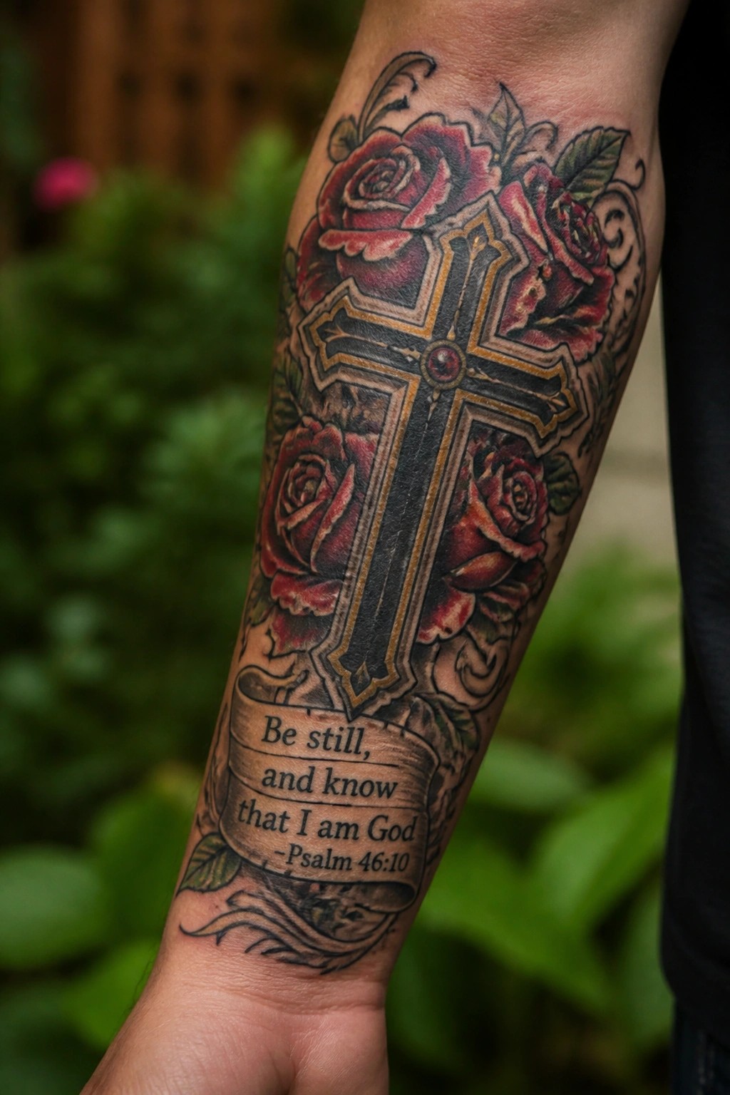 Forearm tattoo of a large cross with red roses and a scripture banner reading Psalm 46:10