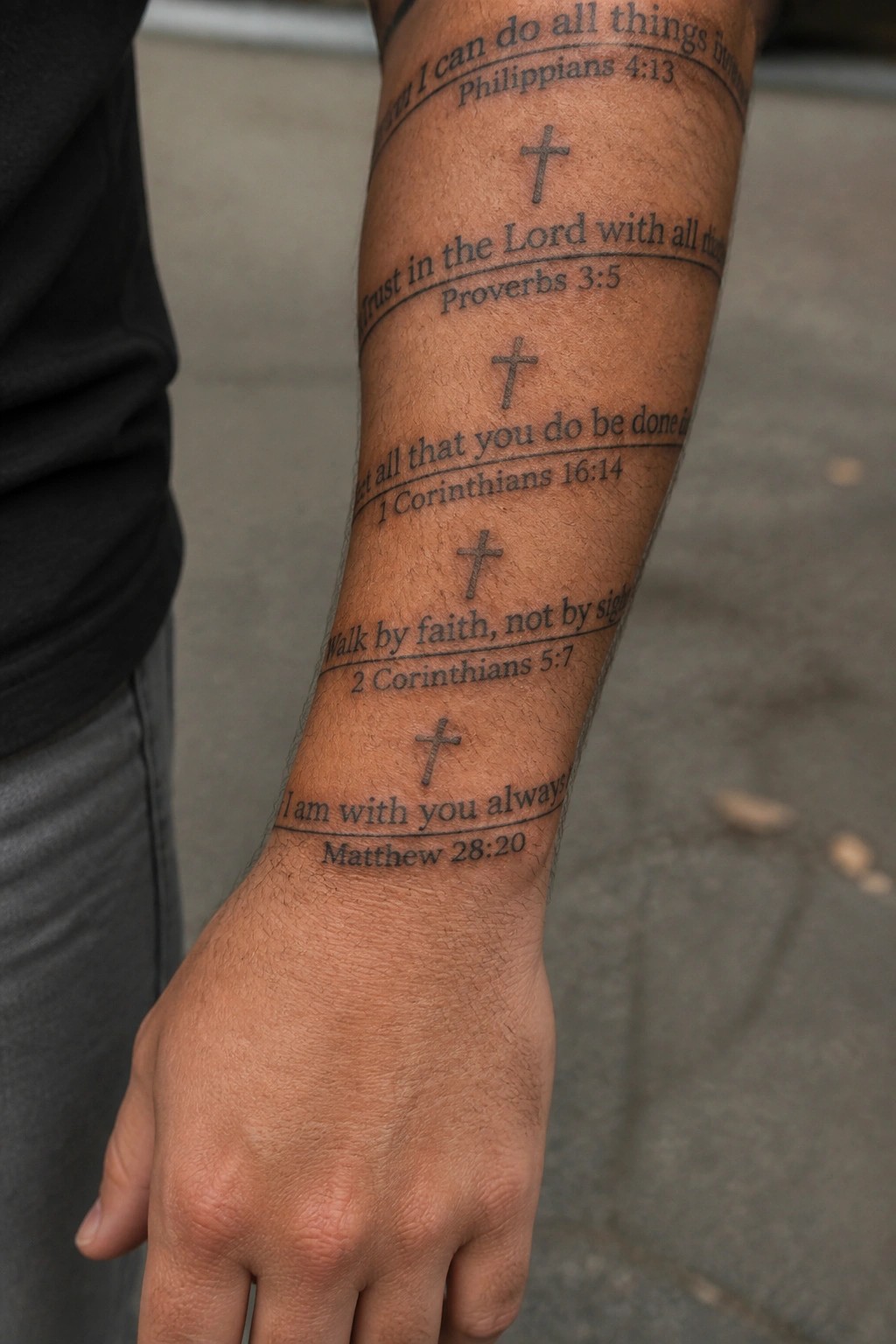 Tattooed forearm with Bible verses, crosses, black shirt sleeve, and visible hand.