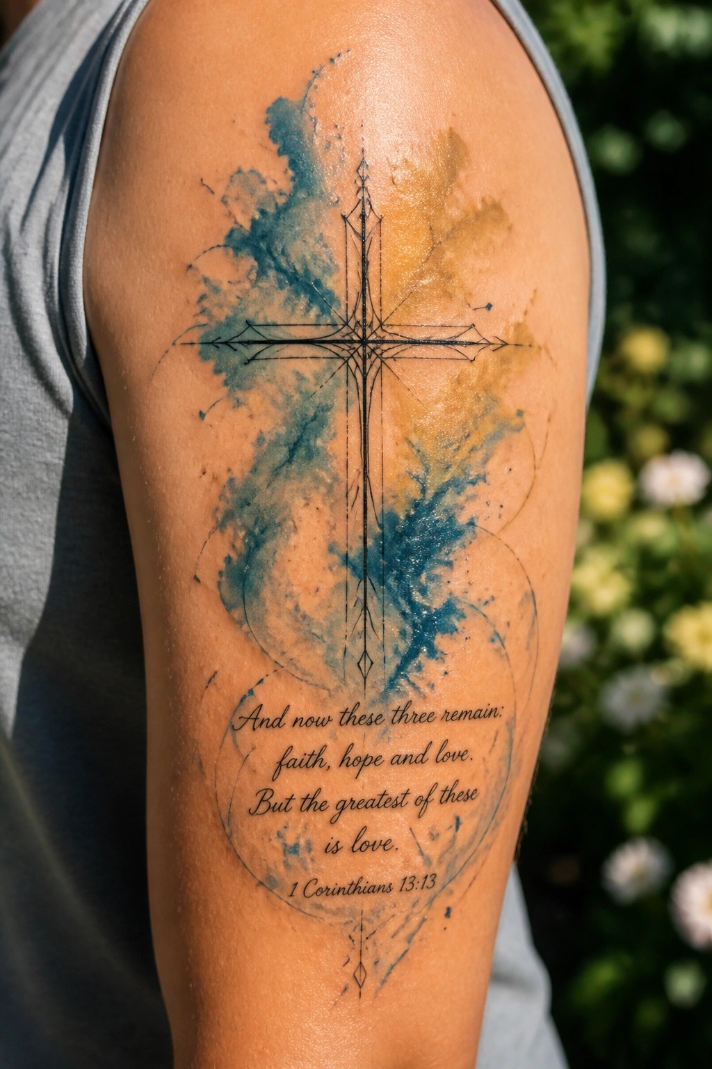 Ornate cross tattoo with blue-orange watercolor splashes and biblical quote on arm
