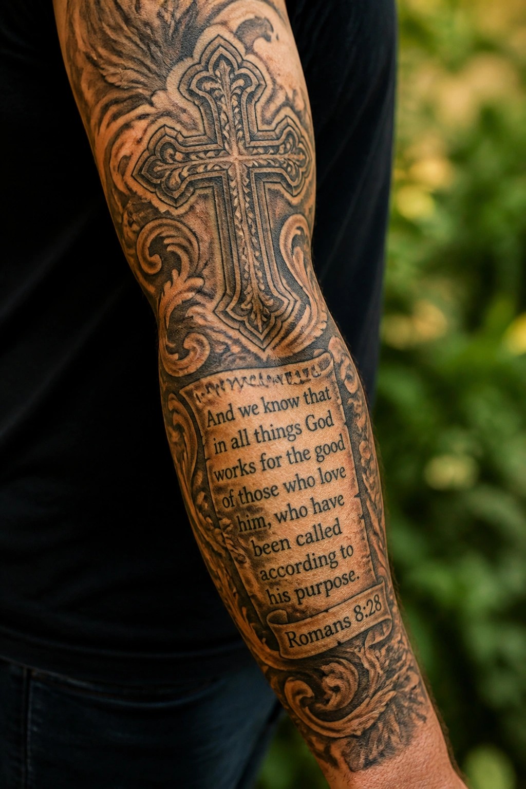 Detailed cross tattoo with Romans 8:28 scroll on arm in black shirt