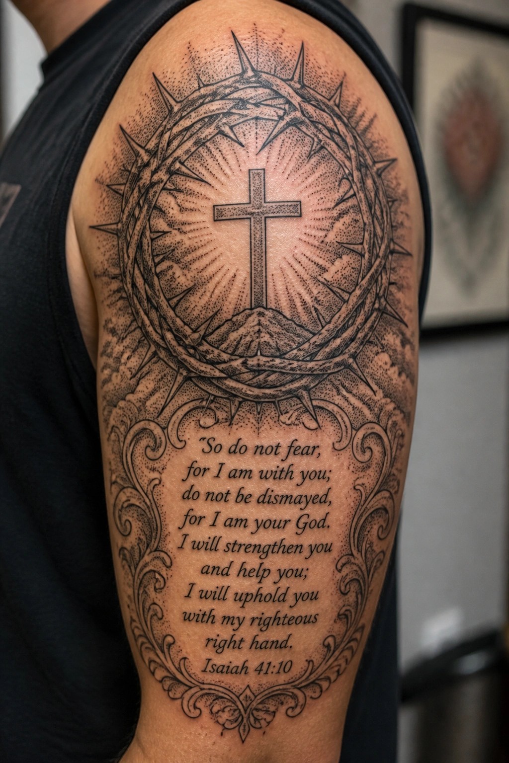 Shoulder tattoo of cross with crown of thorns, sun rays, and Isaiah 41:10 verse in ornate frame.