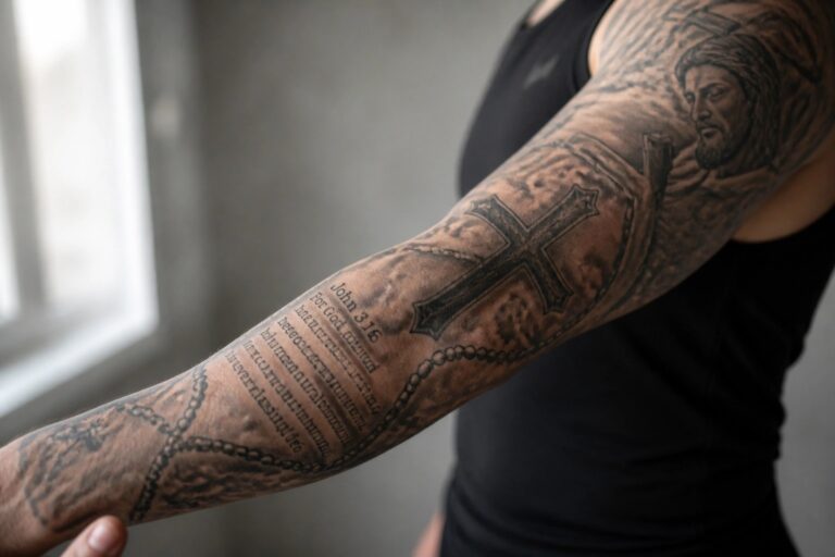 18 Inspiring Christian Sleeve Tattoo Ideas Centered Around Scripture and Crosses Black tank top and arm tattooed with ornate cross, John 3:16 verse, rosary, and dove.