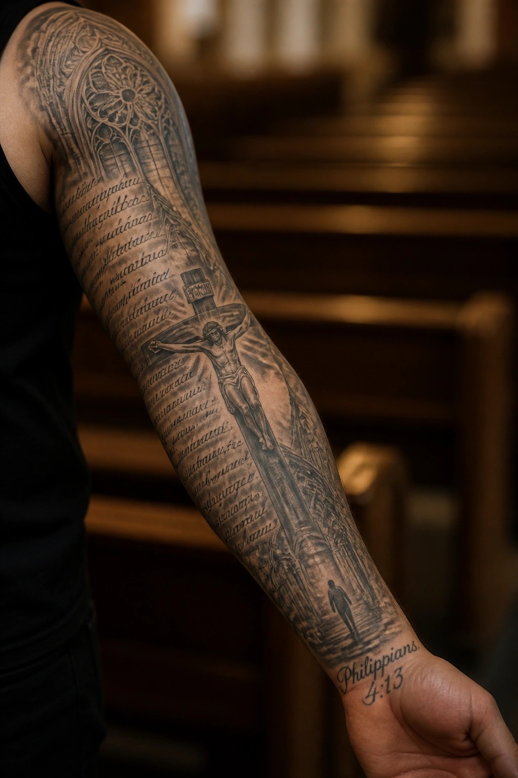 Tattooed arm with Jesus on cross, gothic arches, and Philippians 4:13 tattoo.