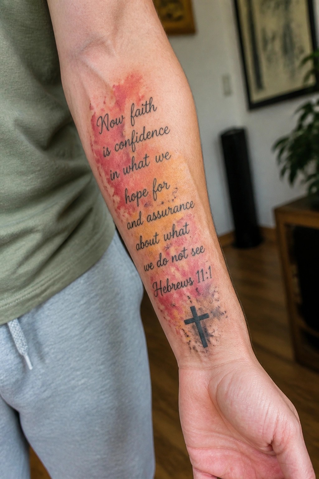 Forearm tattoo of Hebrews 11:1 verse with red-orange watercolor splatter and black cross.
