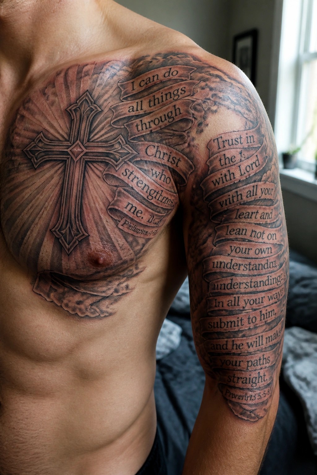 Shirtless man with large cross and Bible verse tattoos on chest and arm