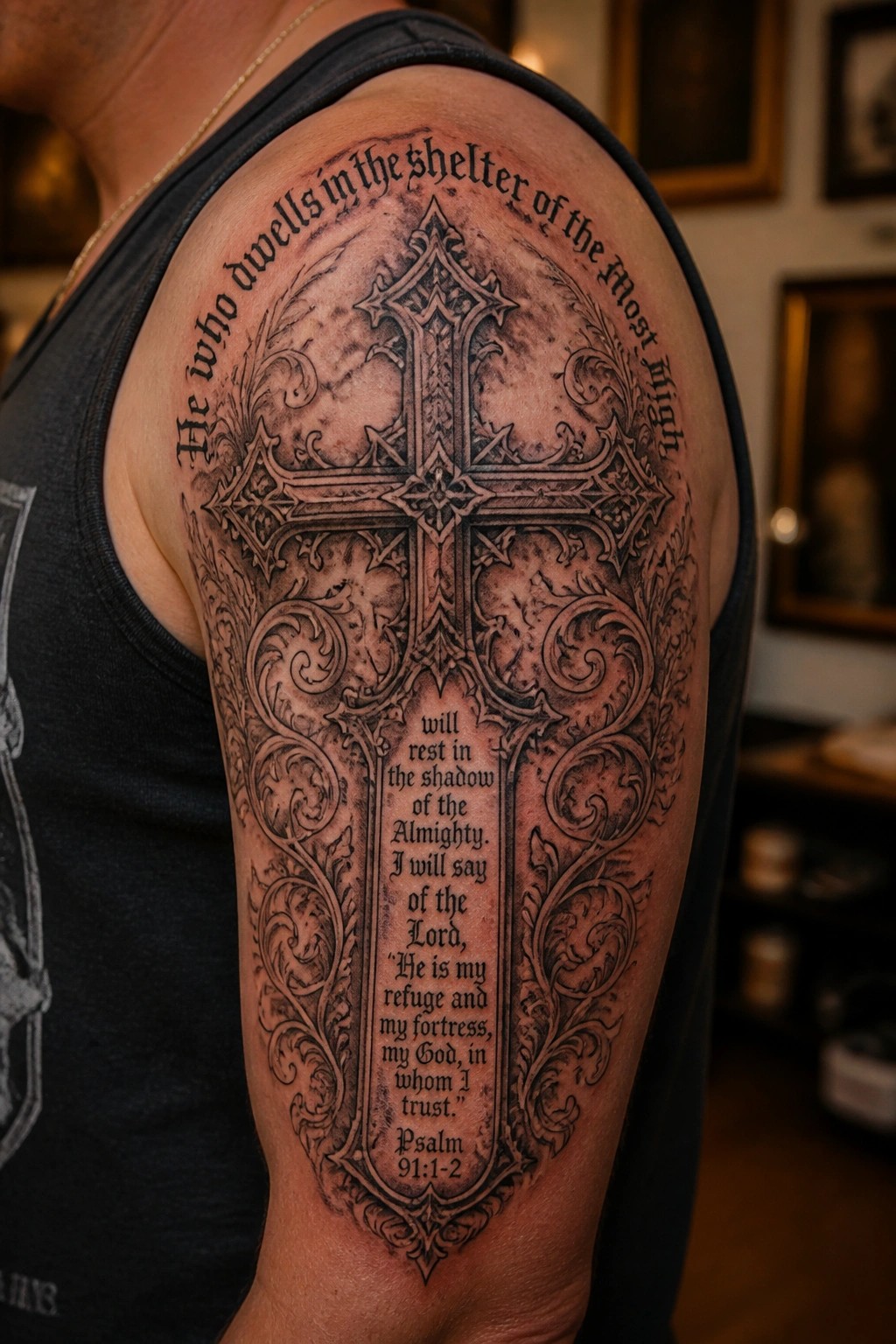 Ornate cross tattoo with Psalm 91 text on shoulder in black tank top