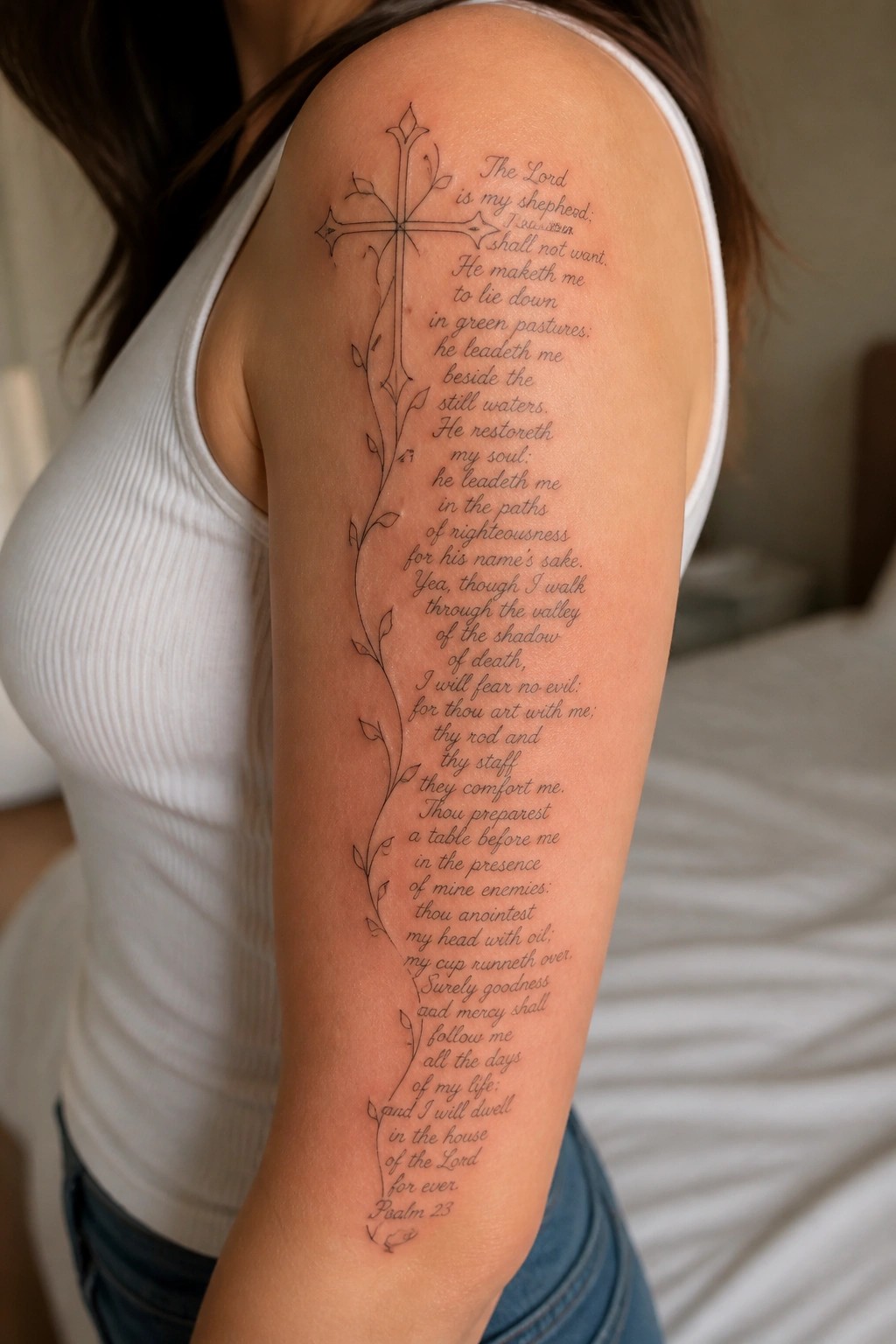 Woman in white tank top with Psalm 23 cross-and-vine tattoo on arm.