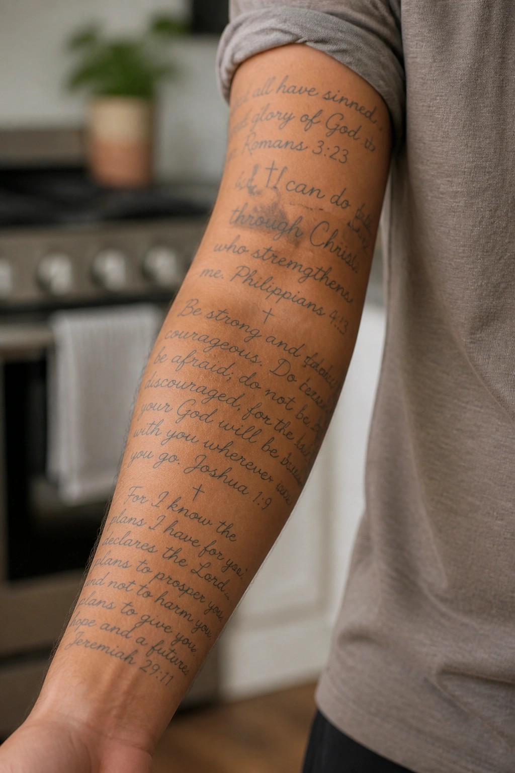 Forearm with Bible verse tattoos and crosses on rolled gray t-shirt sleeve in kitchen.