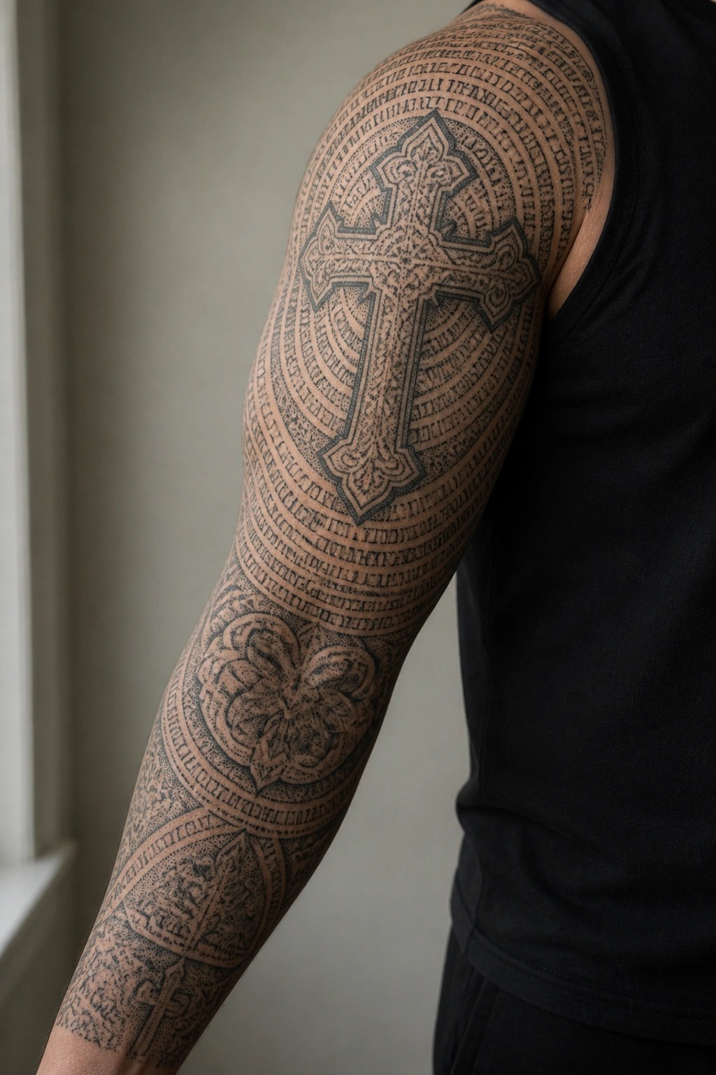 Black tank top reveals arm with large cross and intricate tattoos.