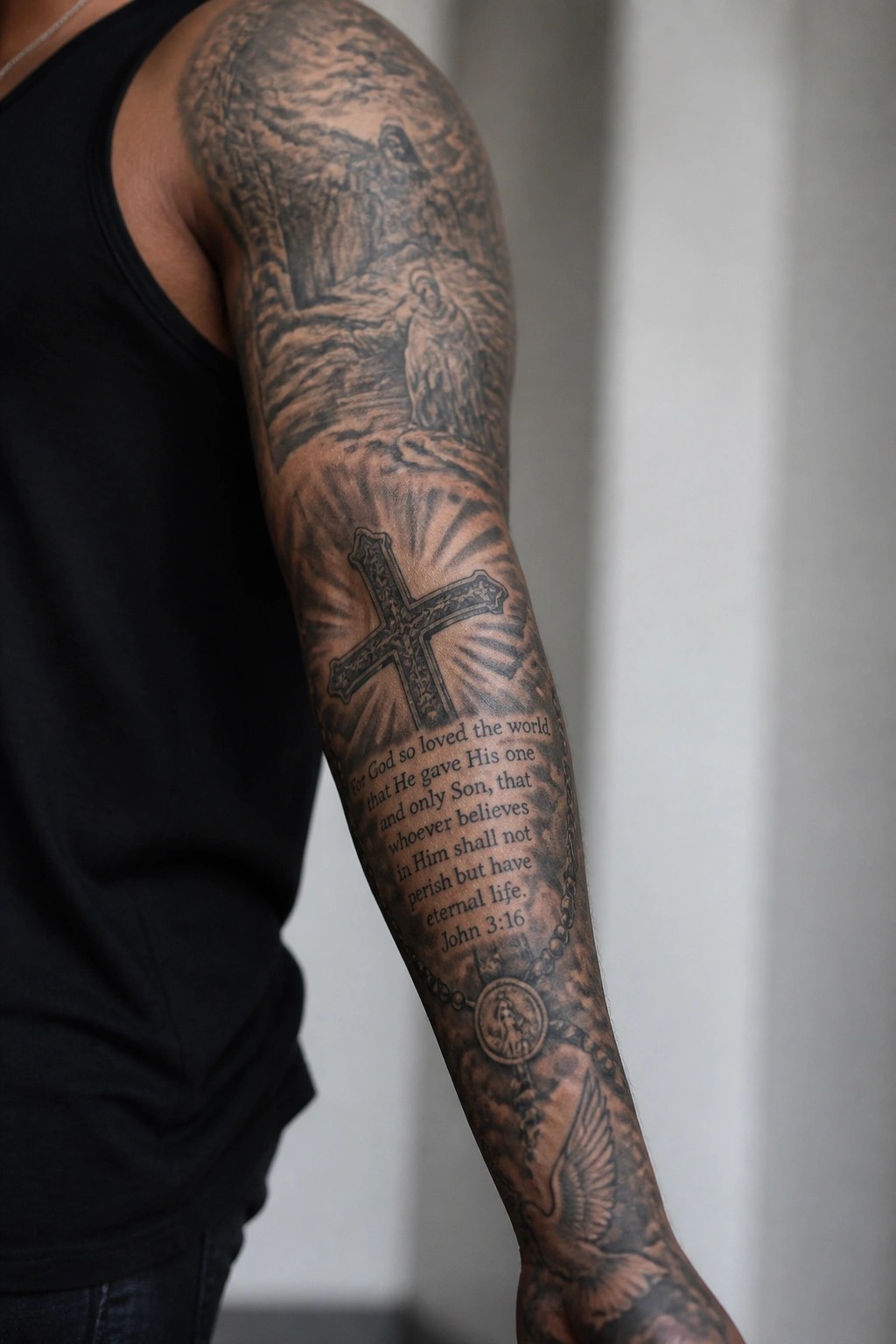 Black tank top and arm tattooed with ornate cross, John 3:16 verse, rosary, and dove.