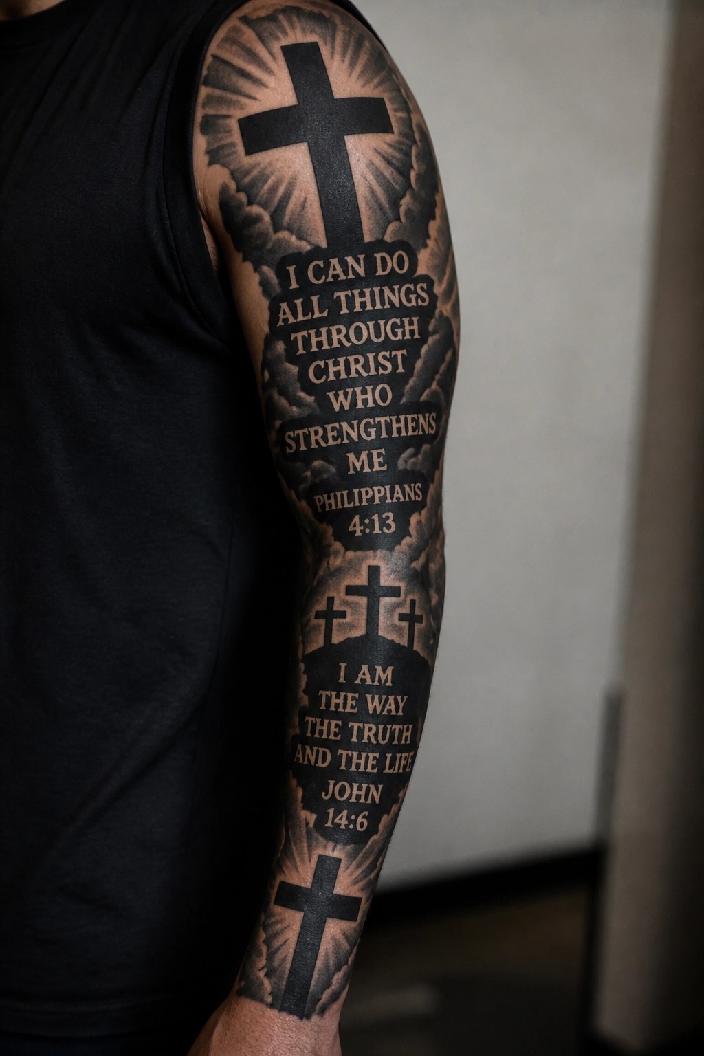 Muscular arm in black tank top with cross tattoos and Bible verses.