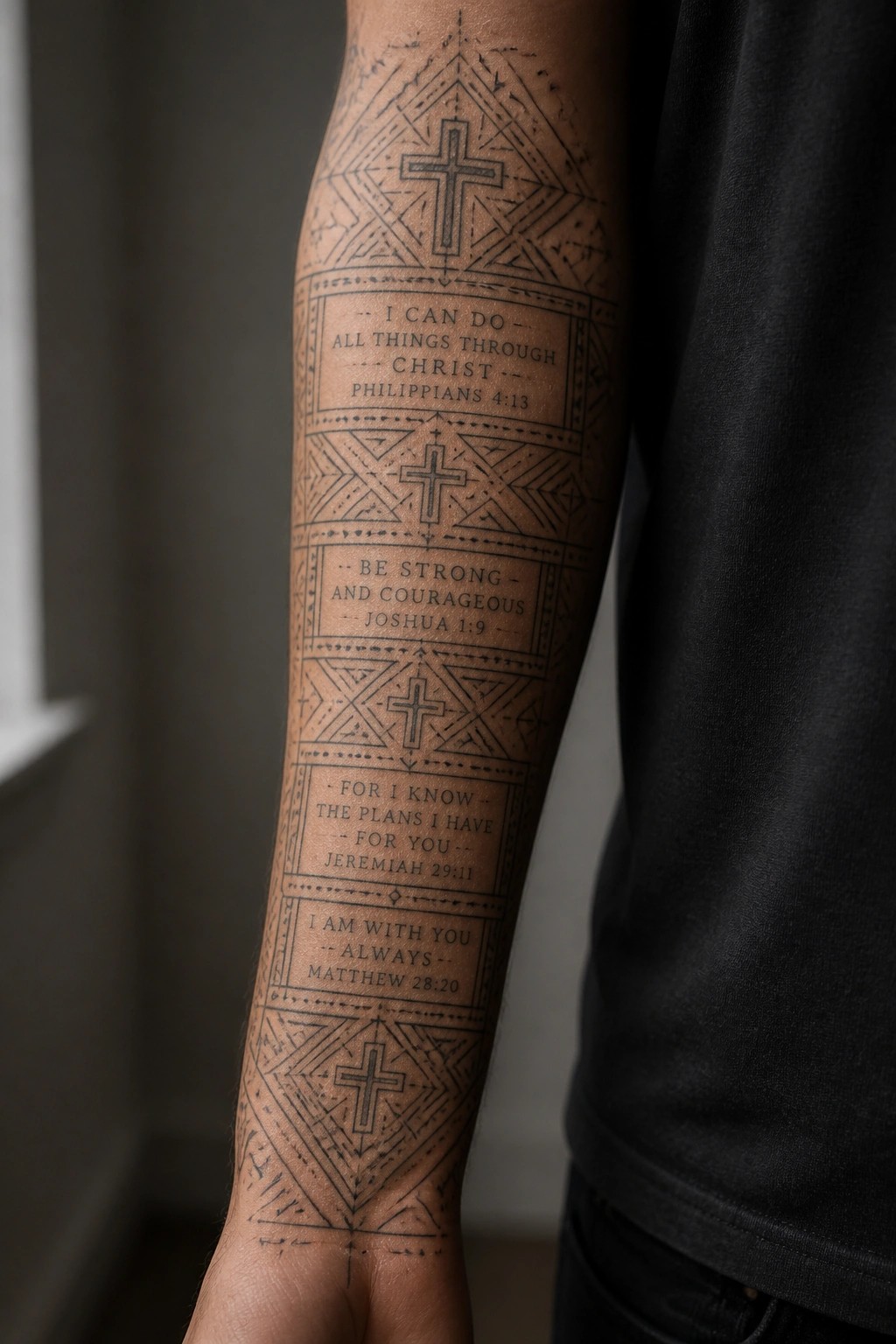 Arm with black geometric tattoo of crosses and Bible verses in framed sections.