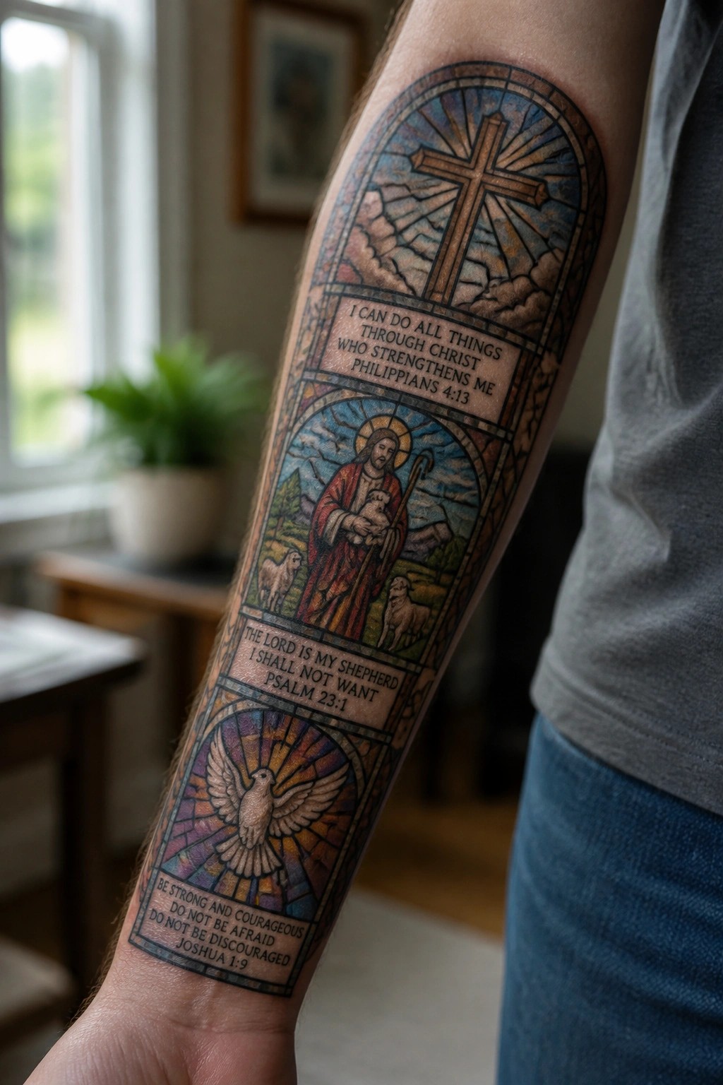 A full sleeve tattoo in stained glass style showing a cross at the top, Jesus as shepherd in the middle panel, a dove at the bottom, and three Bible verses in between.