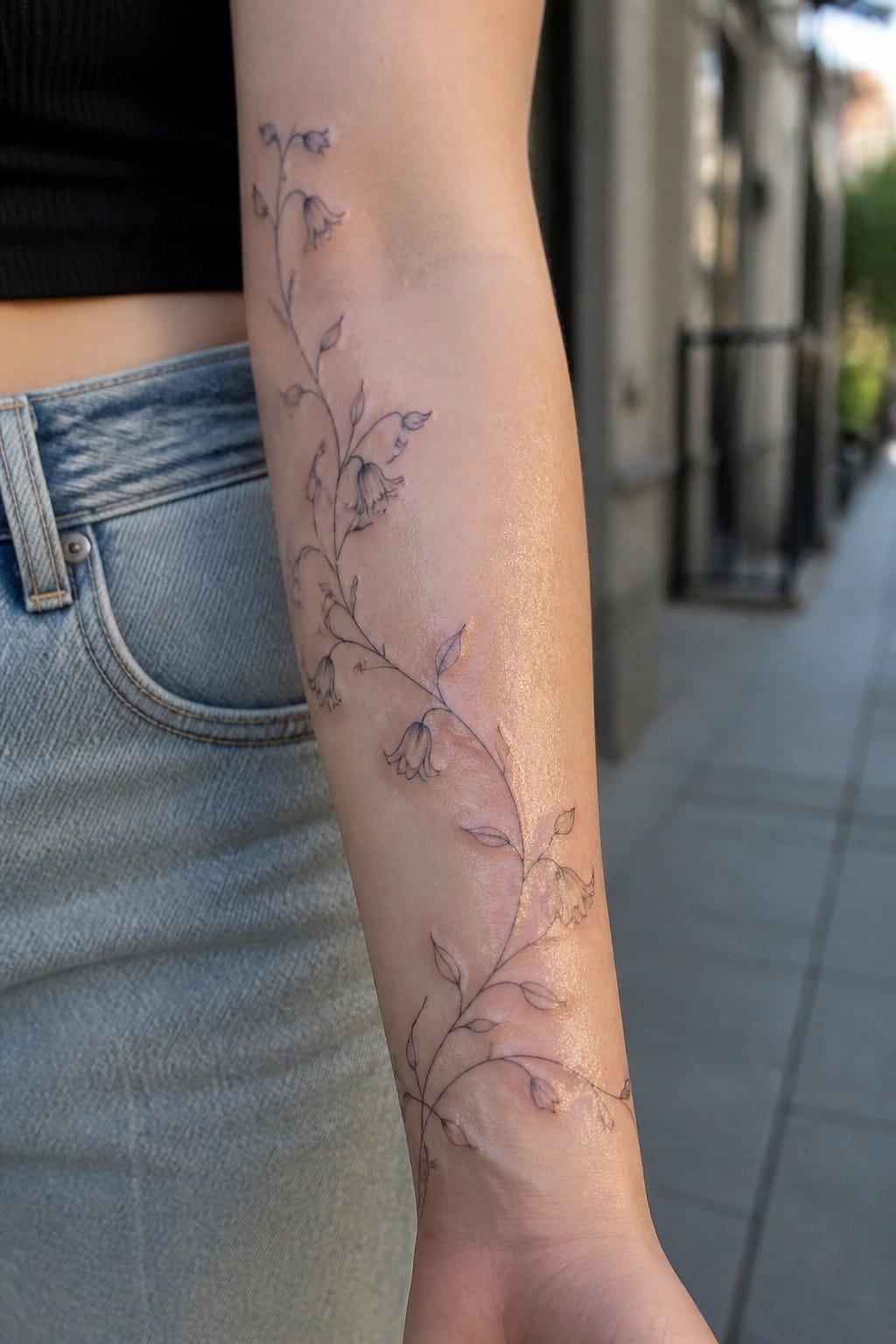 Delicate black floral vine tattoo on forearm with blue jeans and black top.