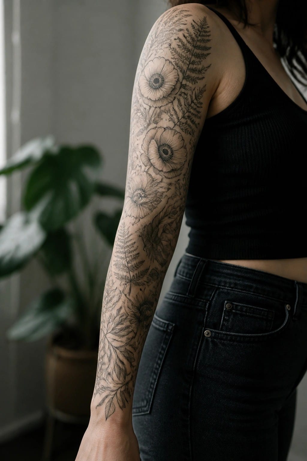 Arm with detailed poppy and fern tattoo, black tank top and jeans.
