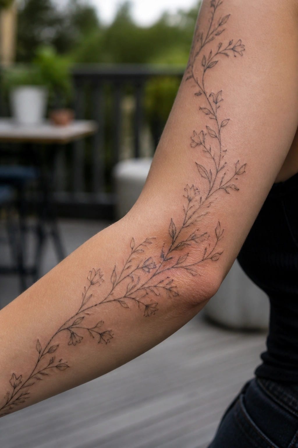 Floral vine tattoo on arm in black top and denim jeans, blurred outdoor patio.