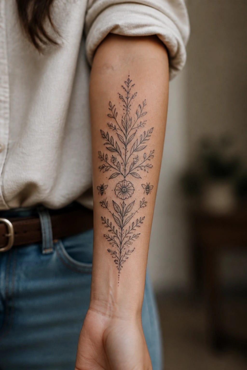 Floral tattoo with leaves, flower, and bees on forearm in white shirt and jeans.