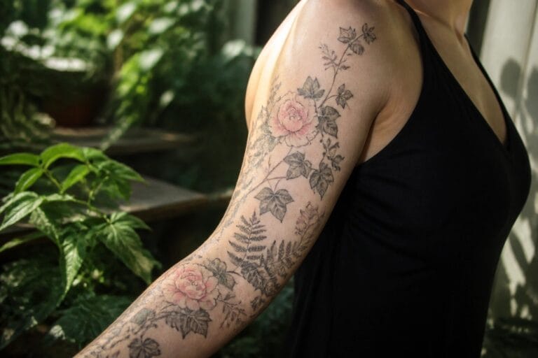 18 Inspiring Feminine Sleeve Tattoo Ideas Using Fine Line and Botanical Elements Woman's arm showing a fine line botanical sleeve tattoo with peonies and leaves in black and soft pink, running from shoulder to forearm.