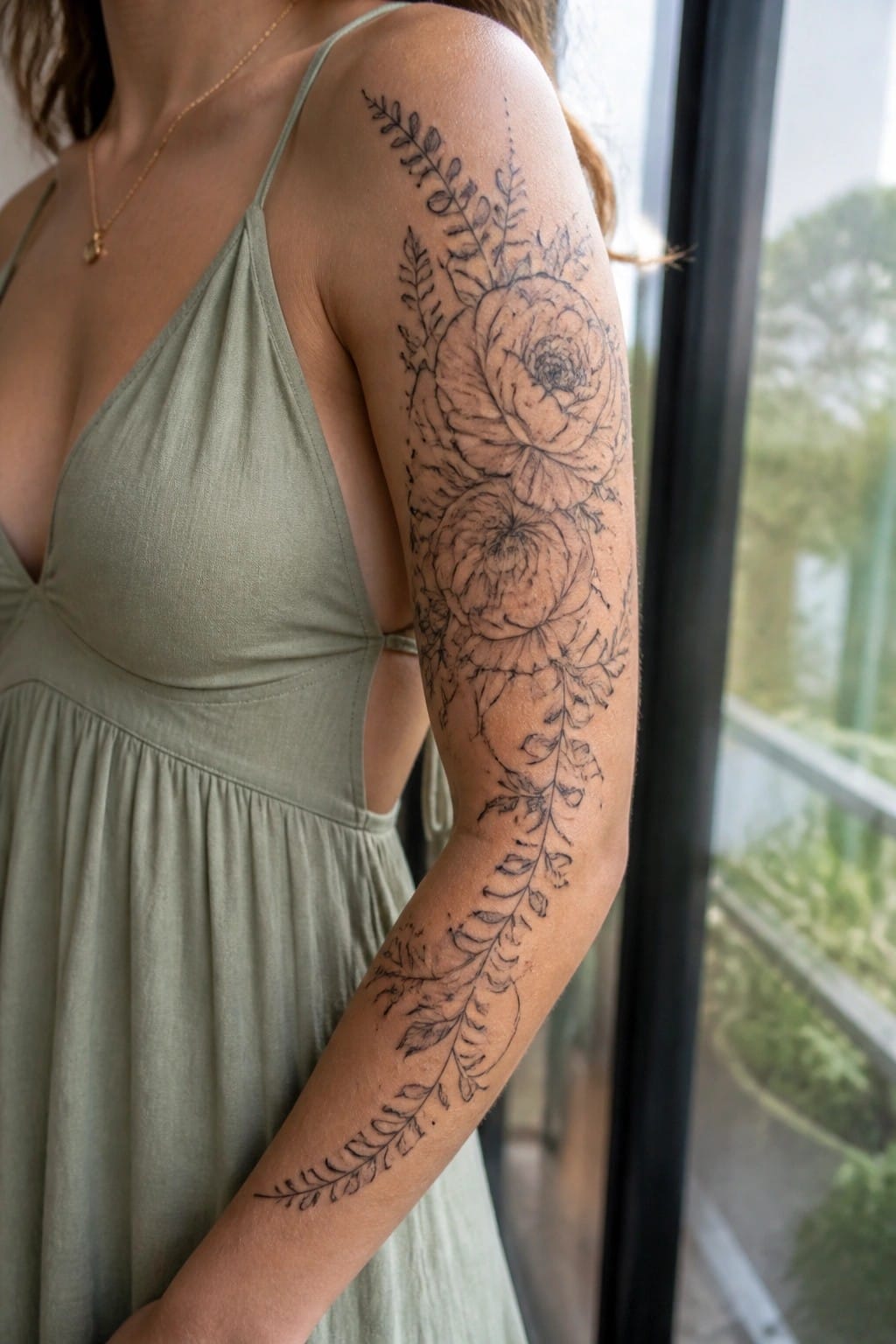 Woman in sage green dress with large black floral rose tattoo on arm