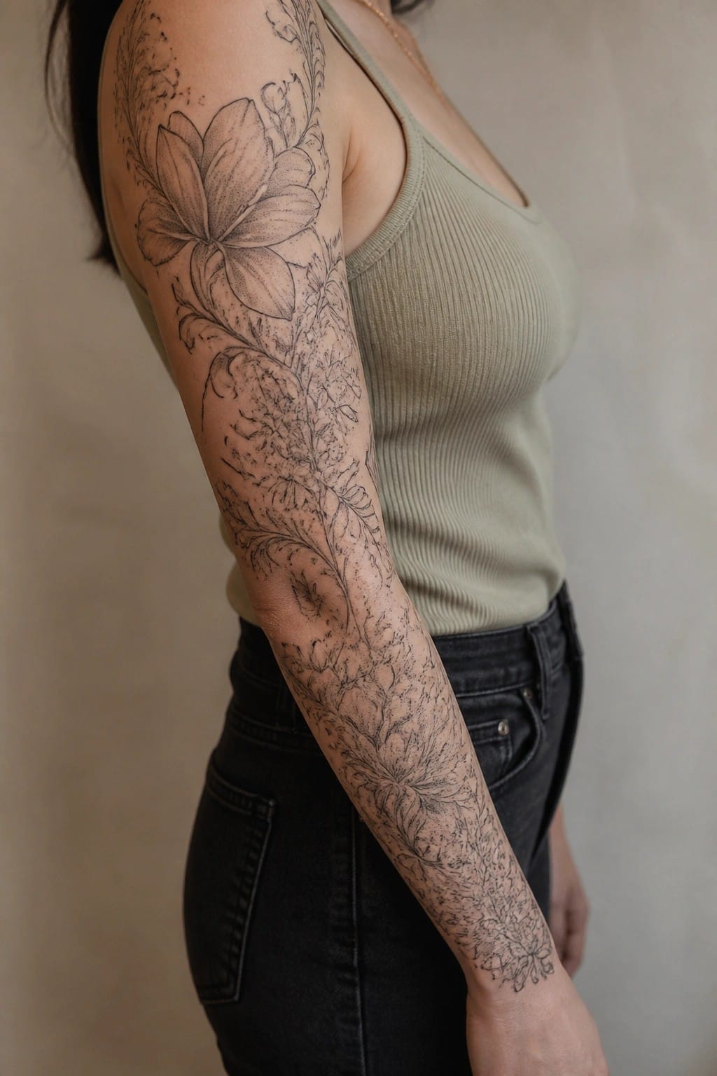 Woman's arm with intricate floral tattoo, sage green tank top and dark jeans.